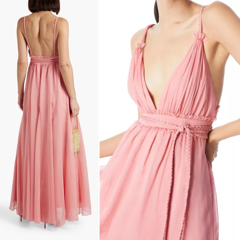 NWT ALICE + OLIVIA Carisa braid-trimmed chiffon gown in Rose Size 6 - Picture 2 of 10